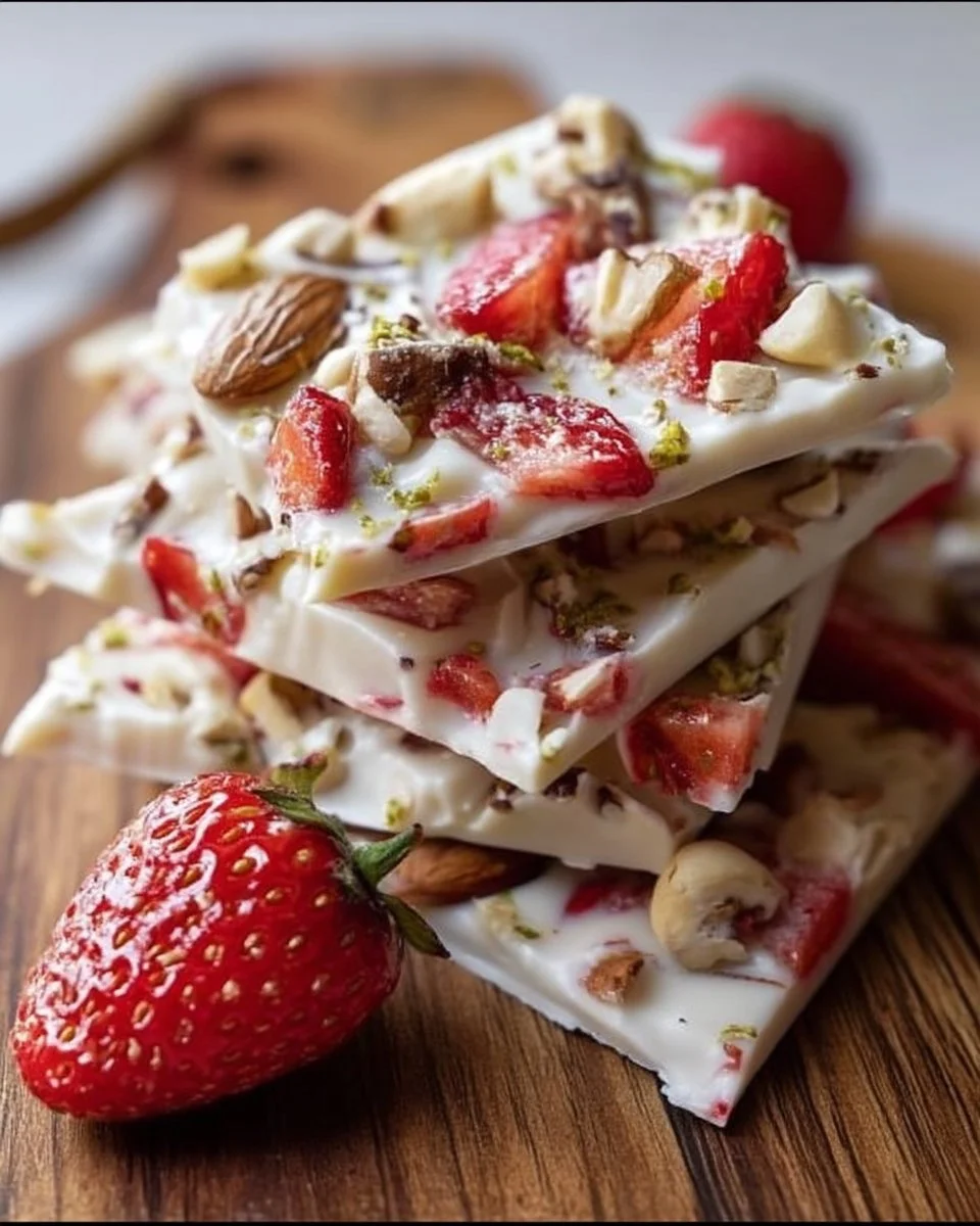 Colorful frozen yogurt bark topped with fruits and nuts on a wooden table