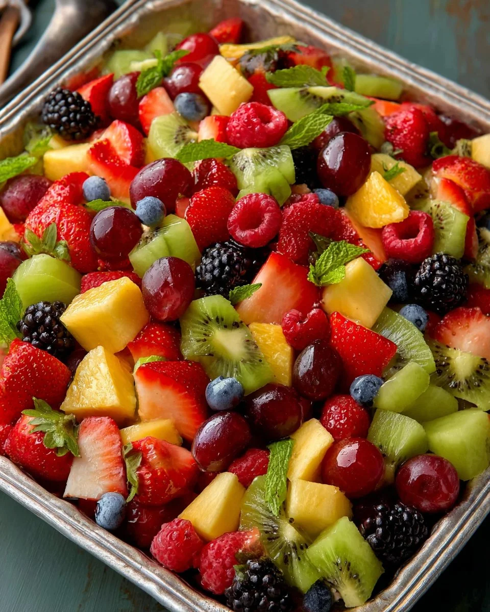 A vibrant fruit salad served in a large bowl for a crowd.