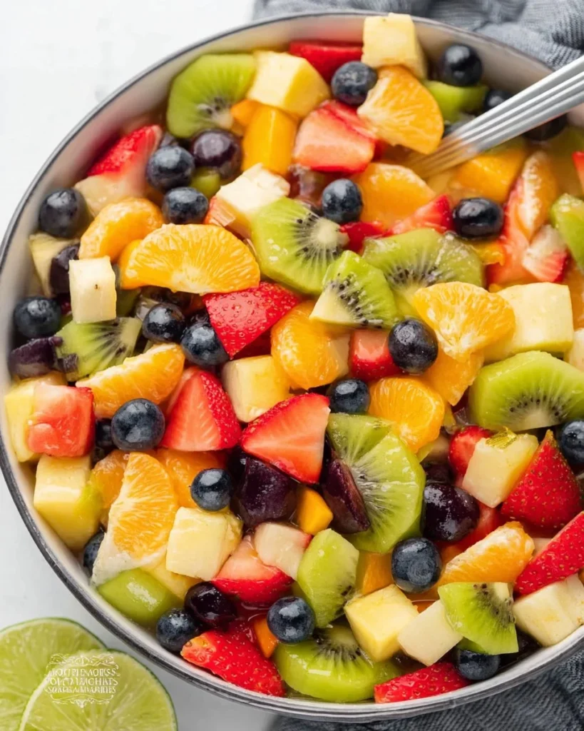 Colorful fruit salad topped with honey lime dressing on a white plate