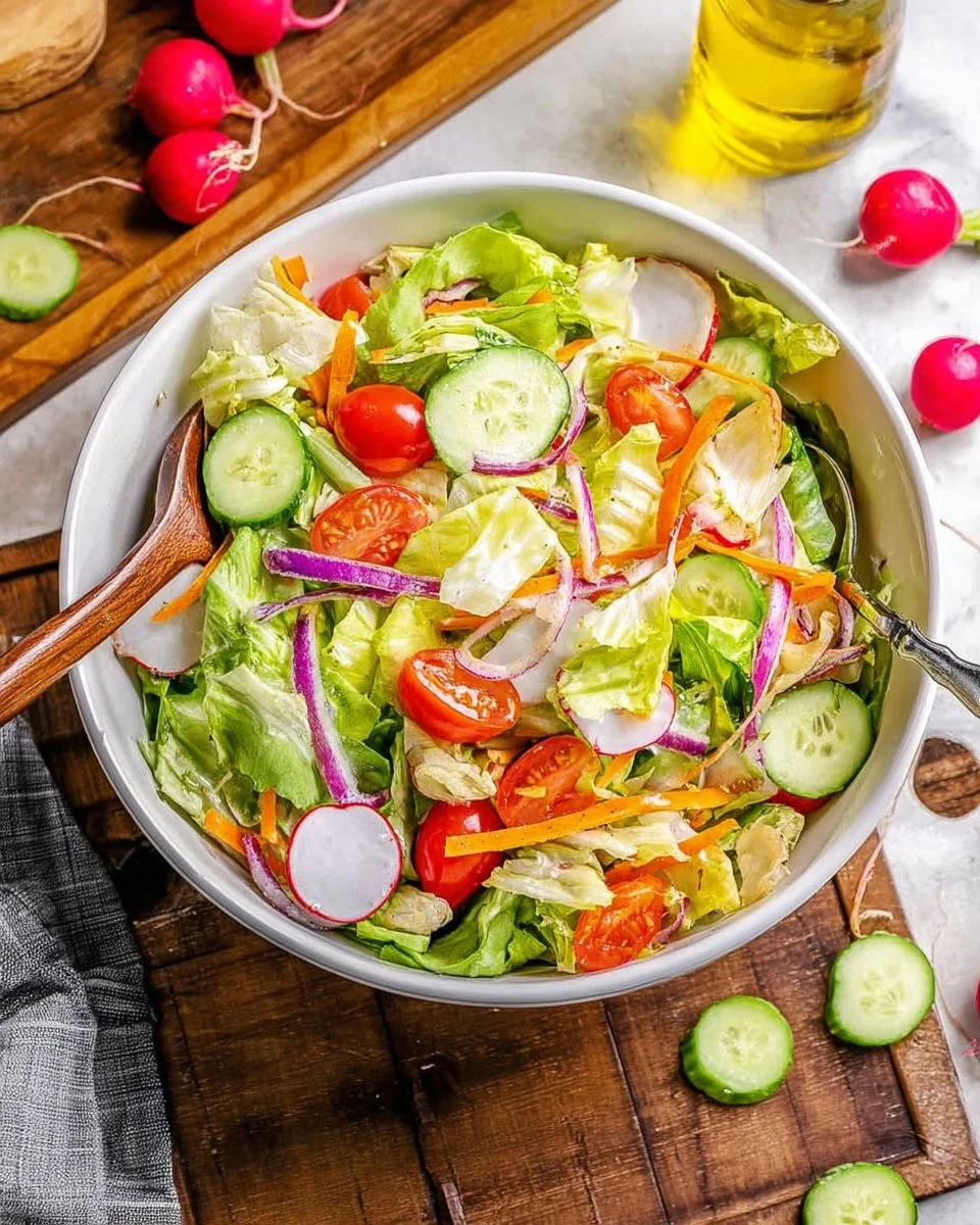 A colorful garden salad with fresh vegetables and dressing