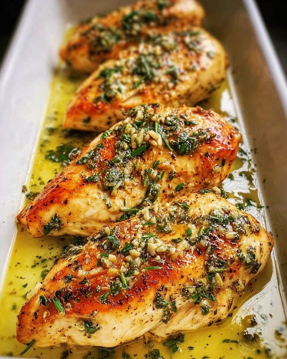 Juicy garlic butter baked chicken breast garnished with herbs