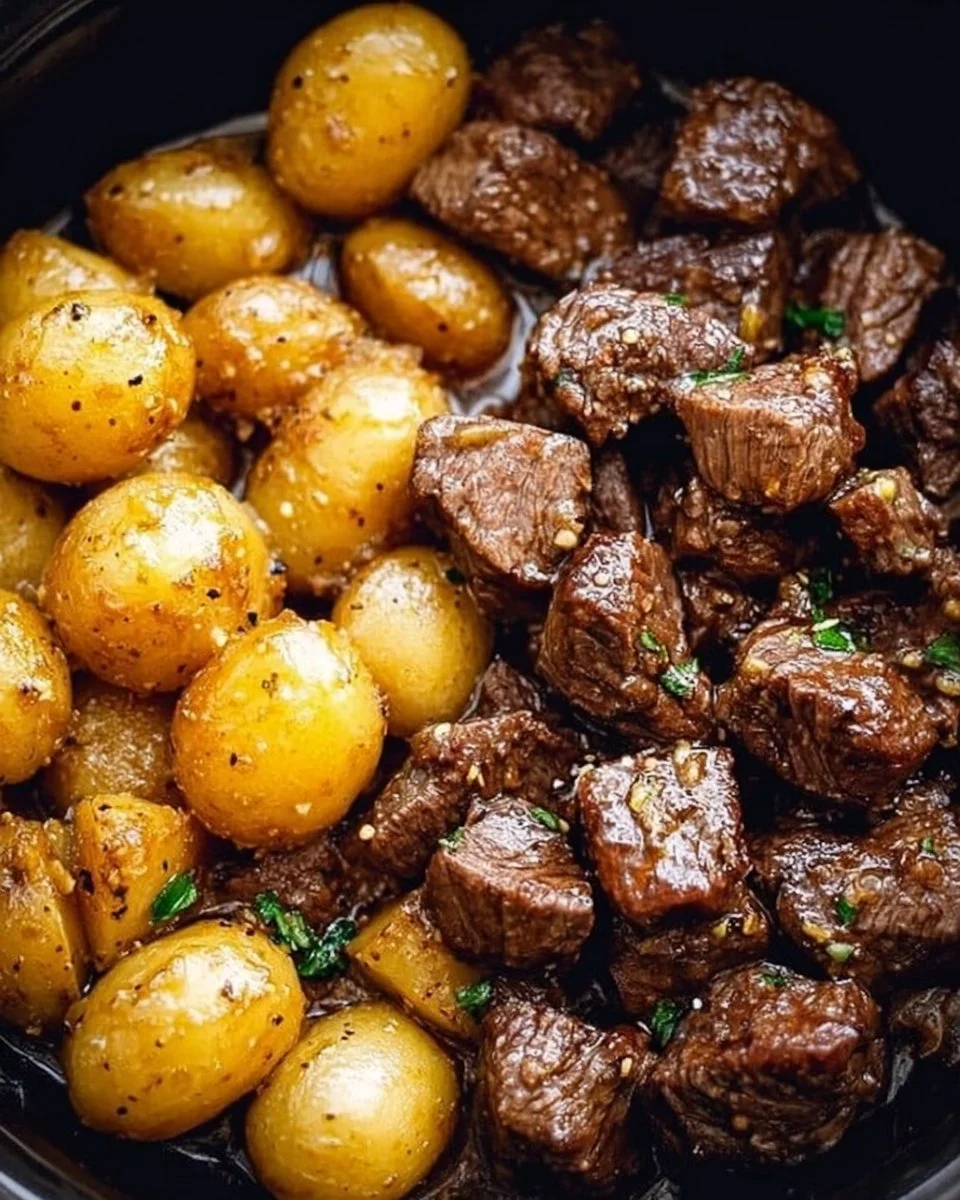 Delicious Garlic Butter Beef Bites served with crispy potatoes