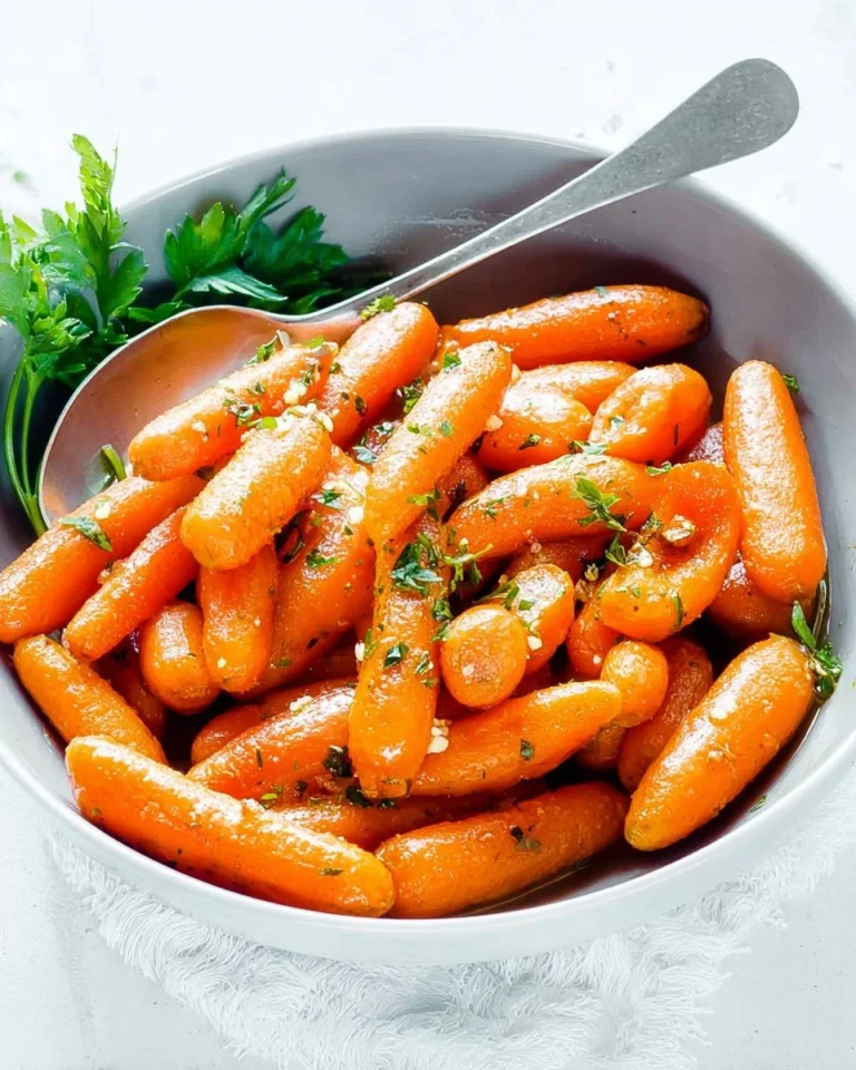 Delicious garlic butter cooked baby carrots garnished and ready to serve