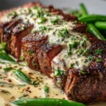 Garlic Butter Steak topped with rich Parmesan Cream Sauce on a plate