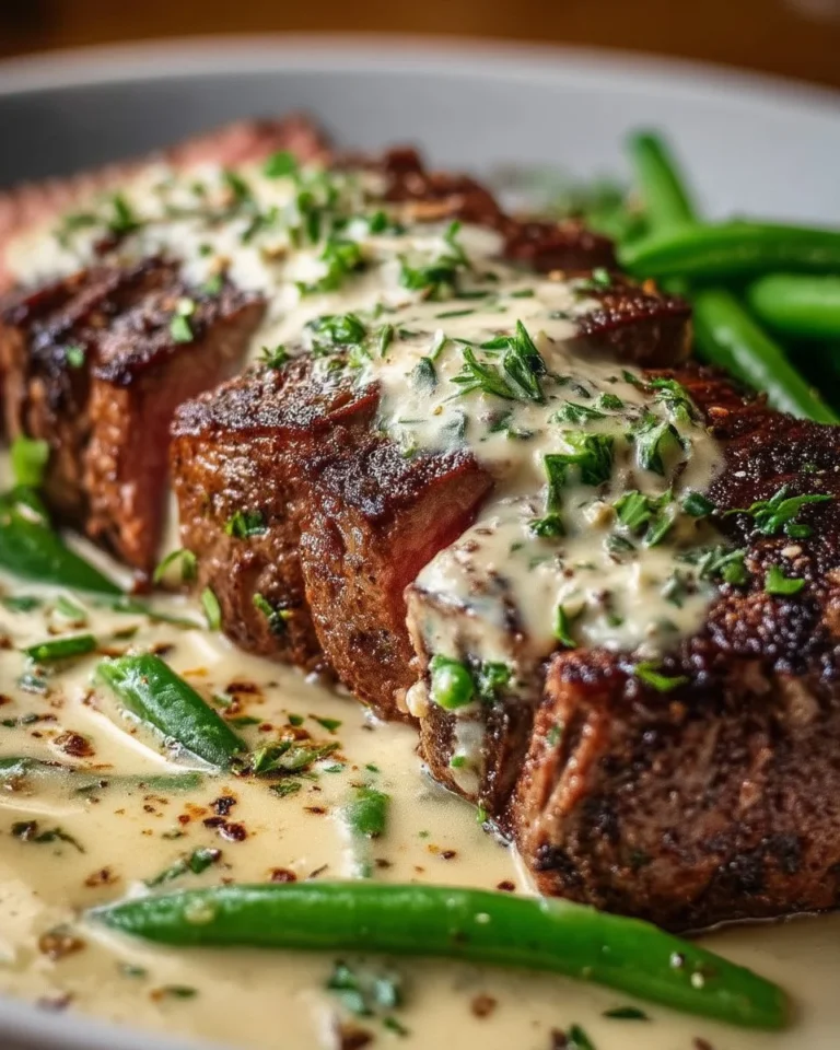 Garlic Butter Steak topped with rich Parmesan Cream Sauce on a plate