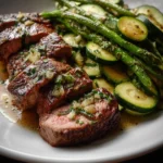 Delicious Garlic Butter Steak served with Zucchini and Asparagus on a plate