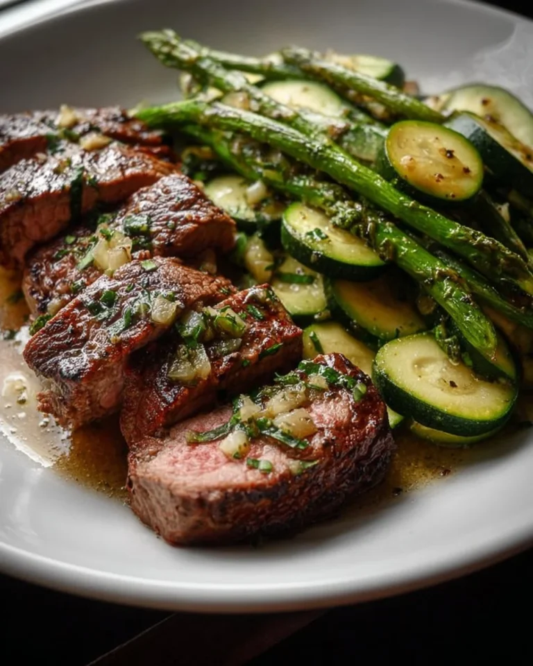 Delicious Garlic Butter Steak served with Zucchini and Asparagus on a plate