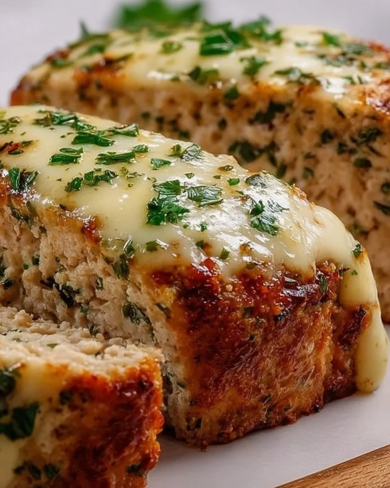 Delicious Garlic Parmesan Chicken Meatloaf served with a side of vegetables.