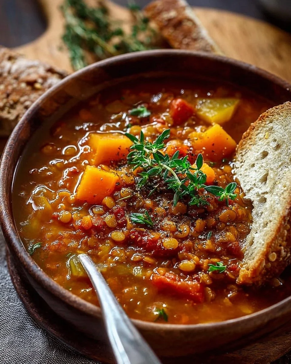 A bowl of Grandma's lentil soup with fresh vegetables and herbs
