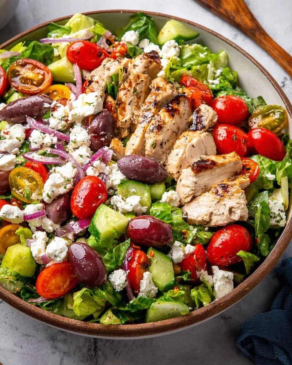 Greek Chicken Salad topped with grilled chicken, olives, and feta cheese