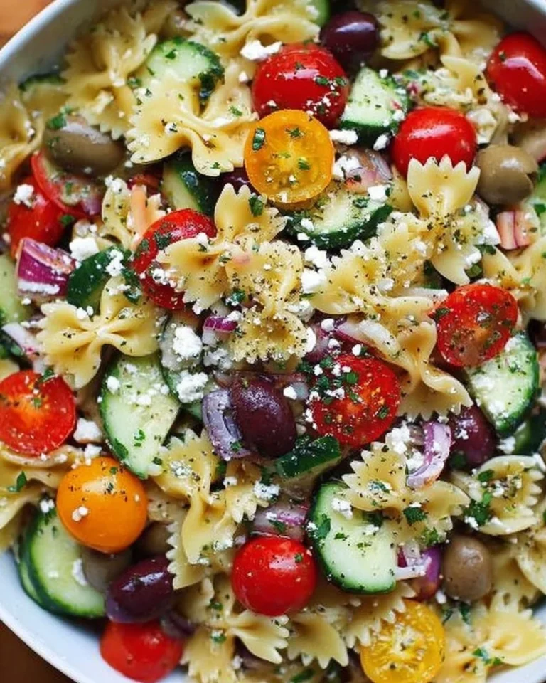 Delicious Greek pasta salad with olives, feta cheese, and fresh vegetables.