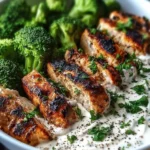Grilled chicken and broccoli bowls with creamy garlic sauce