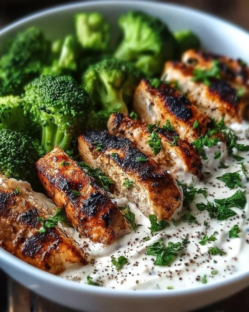 Grilled chicken and broccoli bowls with creamy garlic sauce
