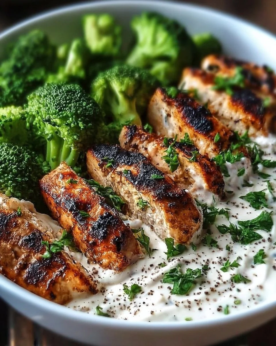 Grilled chicken and broccoli bowls with creamy garlic sauce