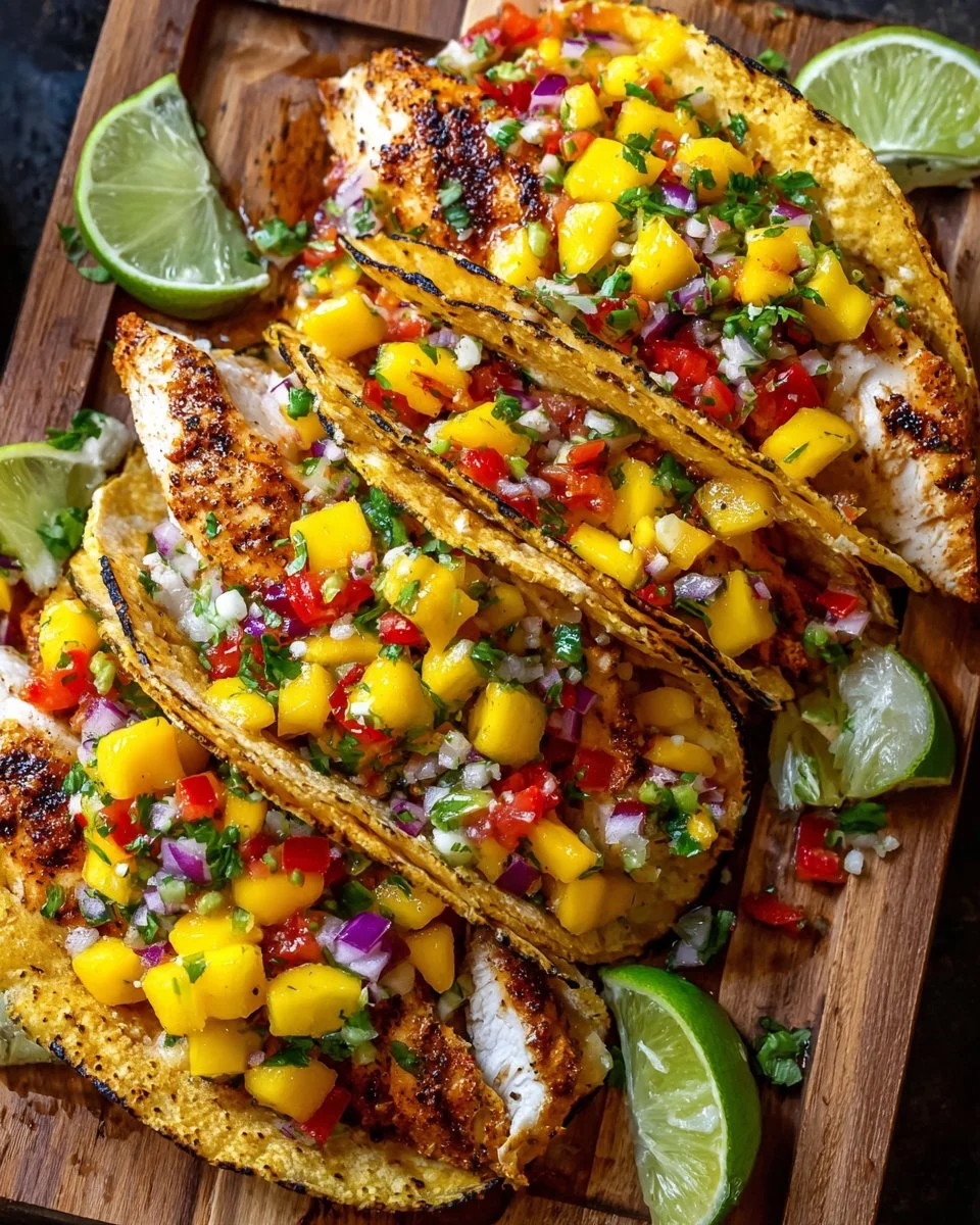 Grilled chicken tacos topped with vibrant mango salsa on a plate
