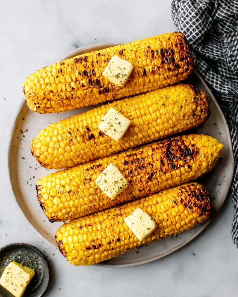 Grilled corn on the cob, perfectly charred and served with butter and spices.