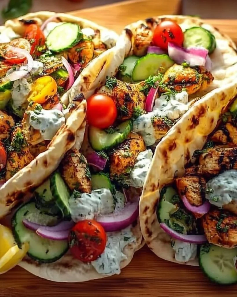 Grilled Mediterranean chicken tacos with fresh toppings and vibrant colors.
