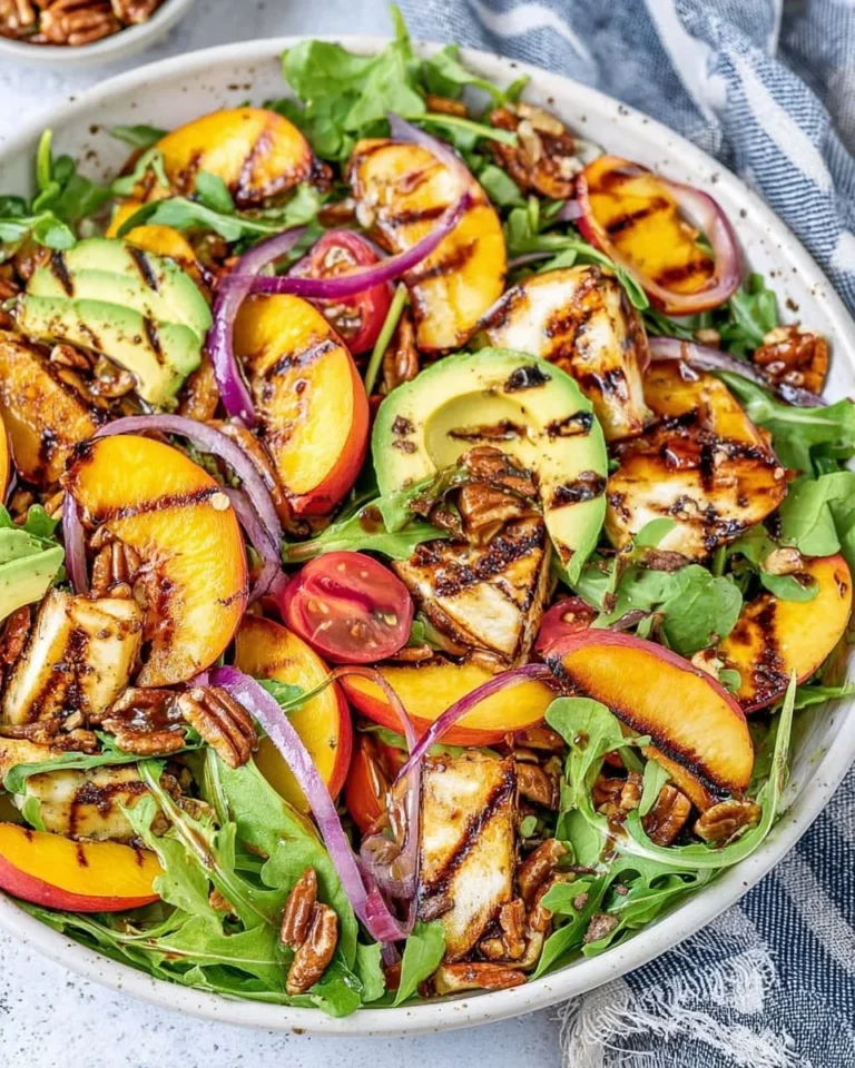 Vibrant grilled peach salad with greens and feta cheese on a plate.