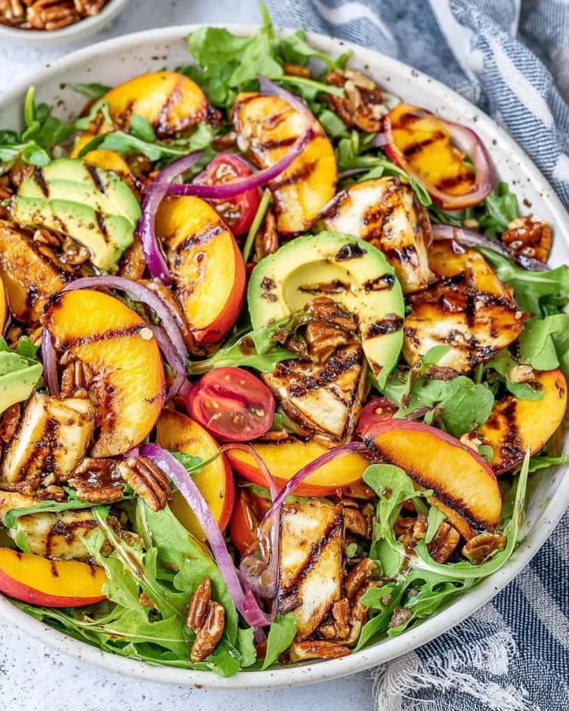 Vibrant grilled peach salad with greens and feta cheese on a plate.