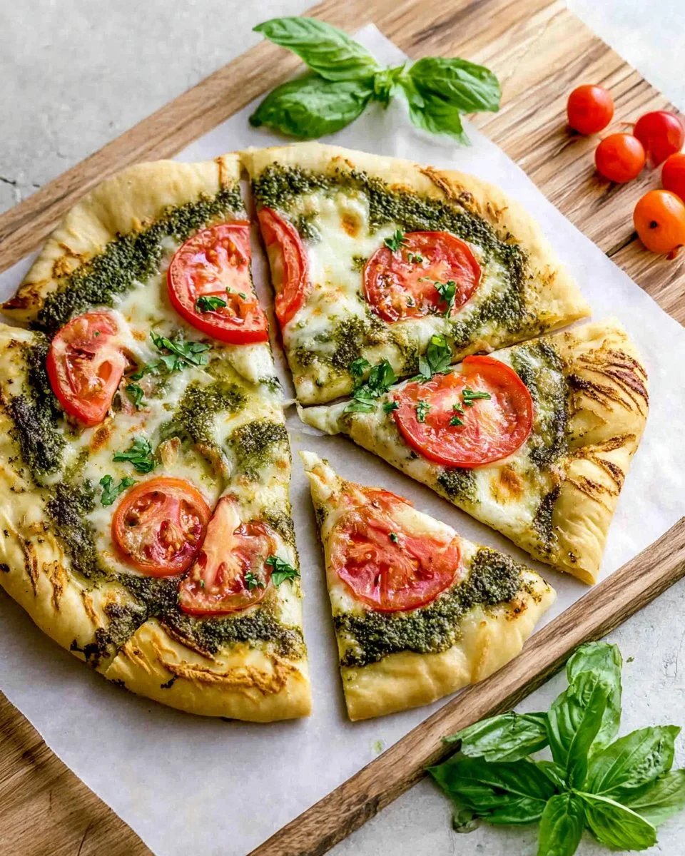 Delicious grilled pesto pizza topped with fresh basil and cheese
