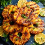 Grilled pineapple slices beautifully caramelized on the barbecue grill