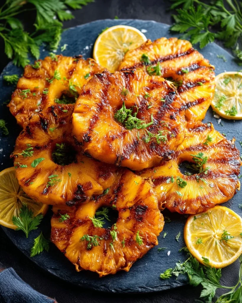 Grilled pineapple slices beautifully caramelized on the barbecue grill