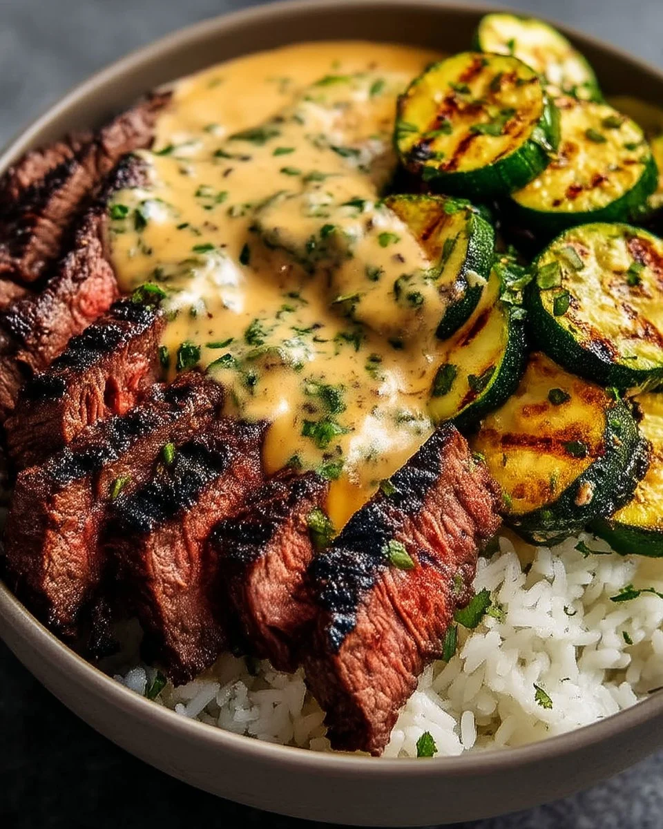 Delicious grilled steak bowl with sauce and zucchini on top