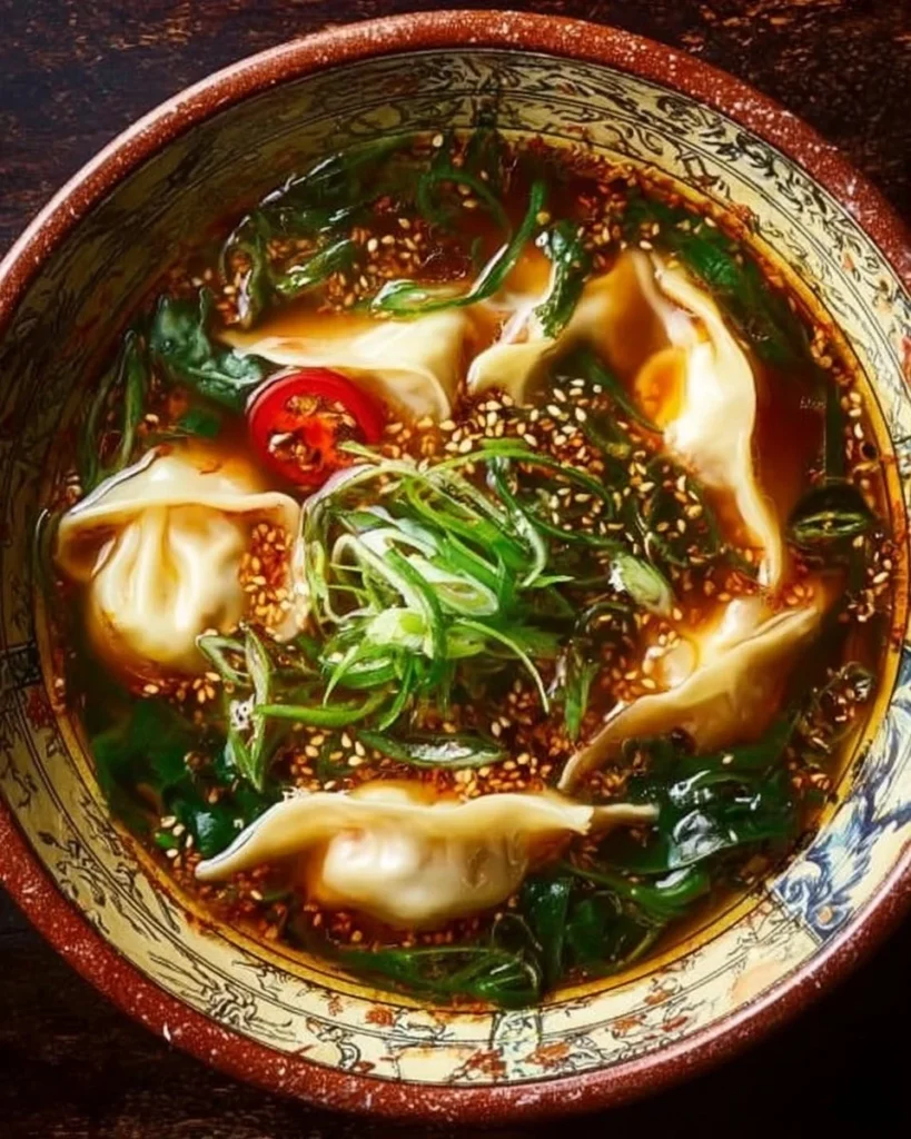 A bowl of steaming Gyoza Soup with dumplings and fresh vegetables