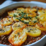 Delicious Hamburger Potato Casserole topped with cheese and herbs.