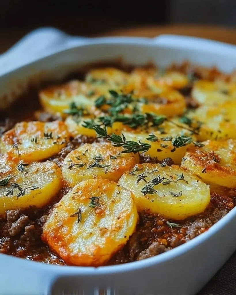 Delicious Hamburger Potato Casserole topped with cheese and herbs.