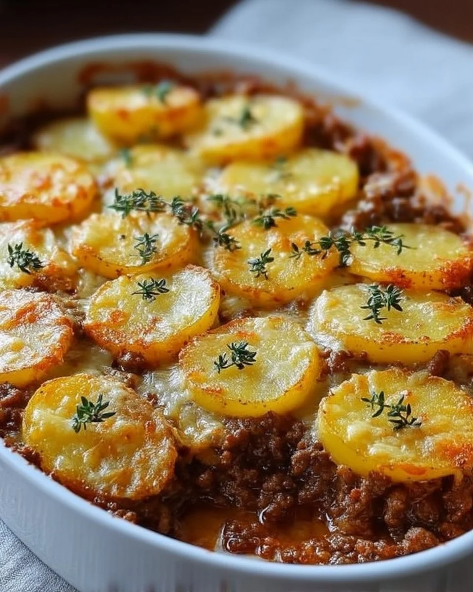 Delicious Hamburger Potato Casserole topped with cheese and herbs