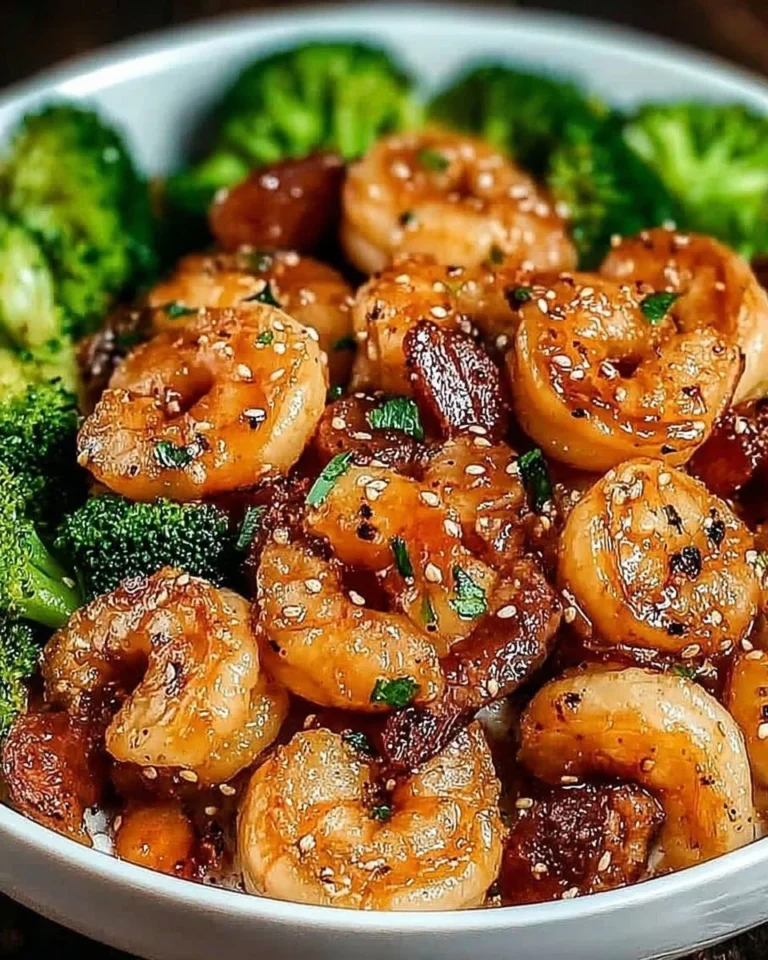 High protein honey garlic shrimp served with vegetables on a plate