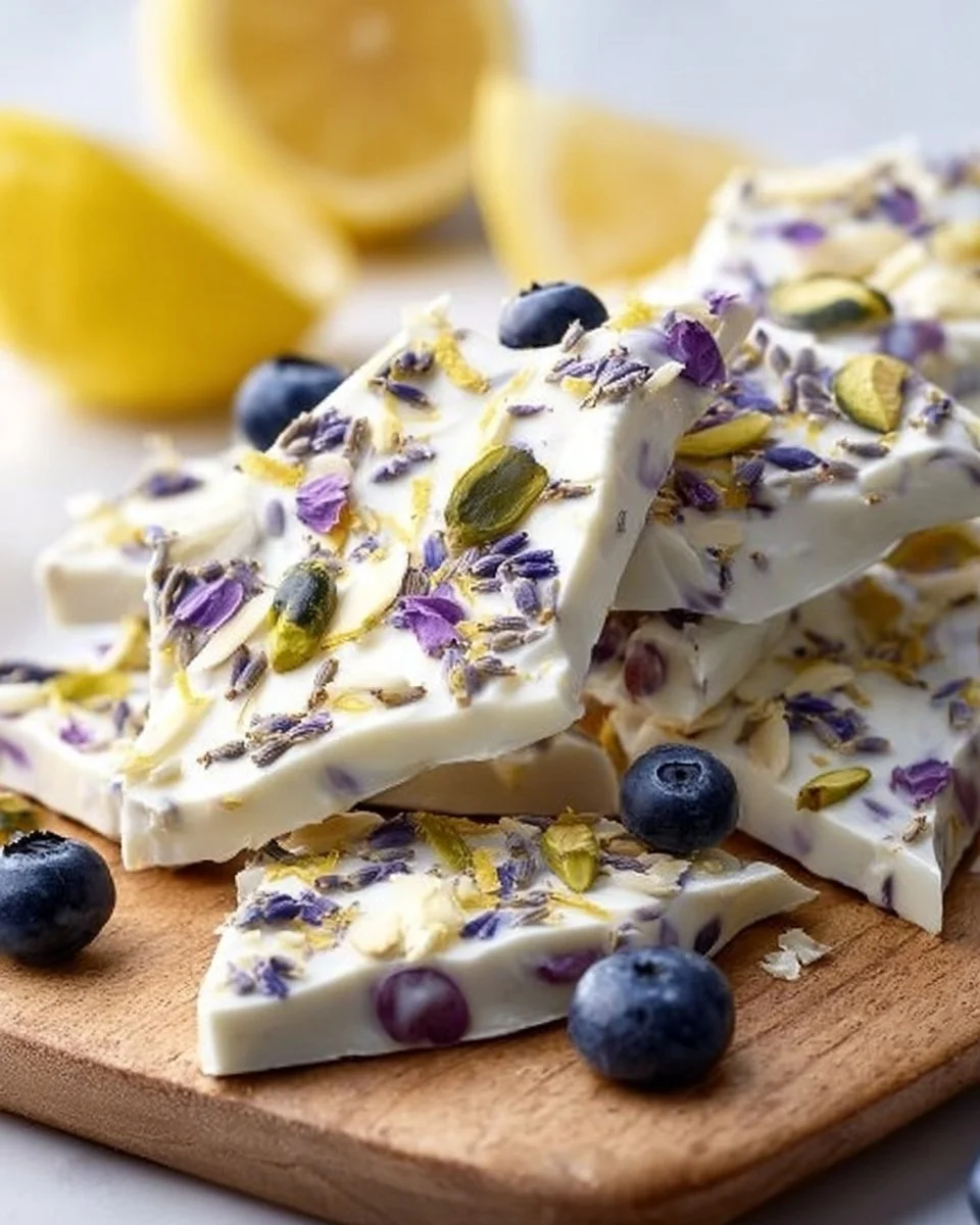 High-protein Lavender Lemon Greek yogurt bark topped with fruits and nuts