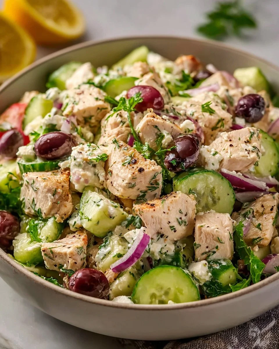 High Protein Mediterranean Chicken Salad with colorful veggies and chicken