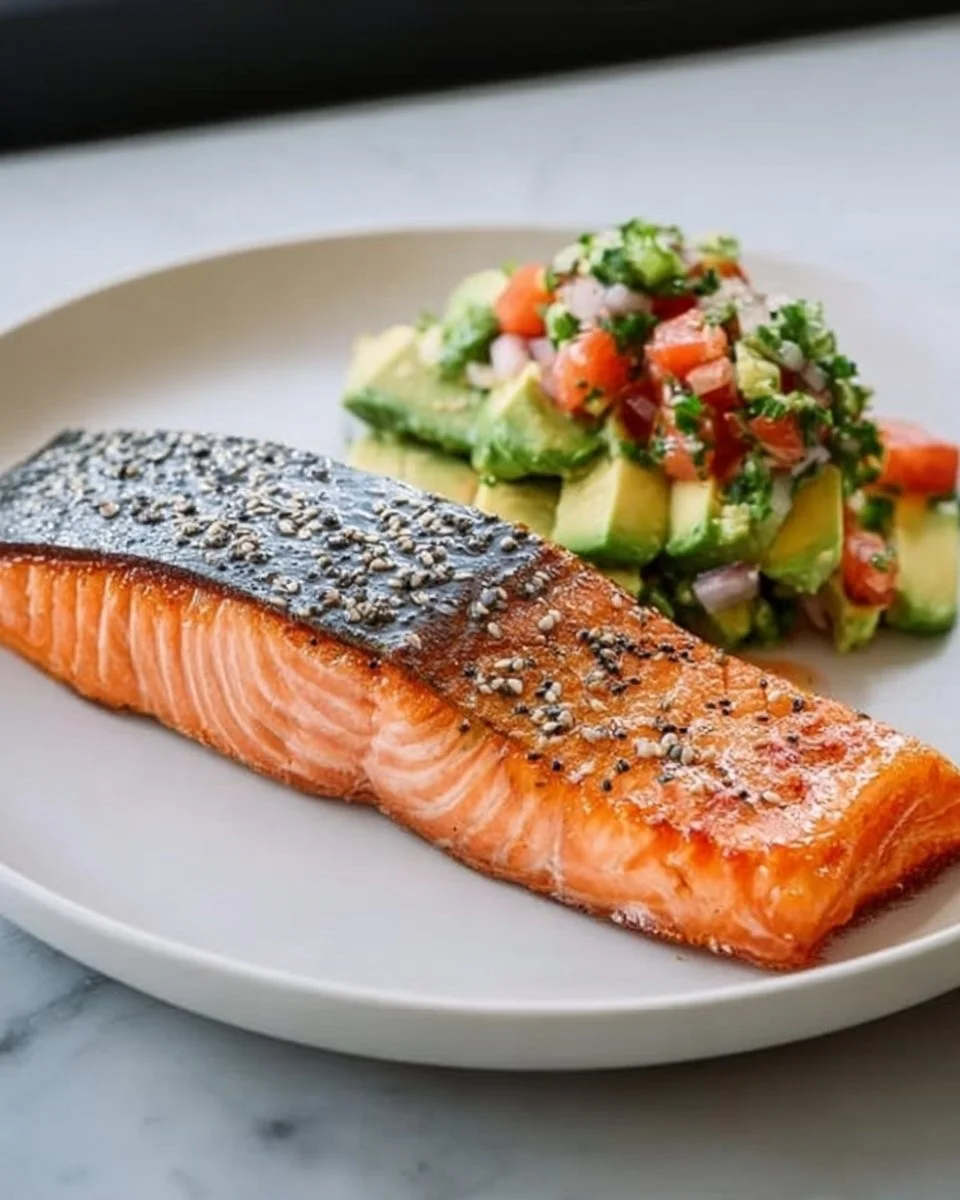High protein salmon fillet served with vibrant avocado salsa.