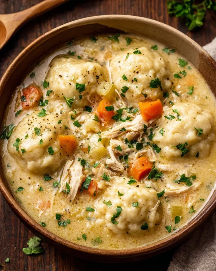 Bowl of homemade chicken and dumplings topped with herbs and vegetables