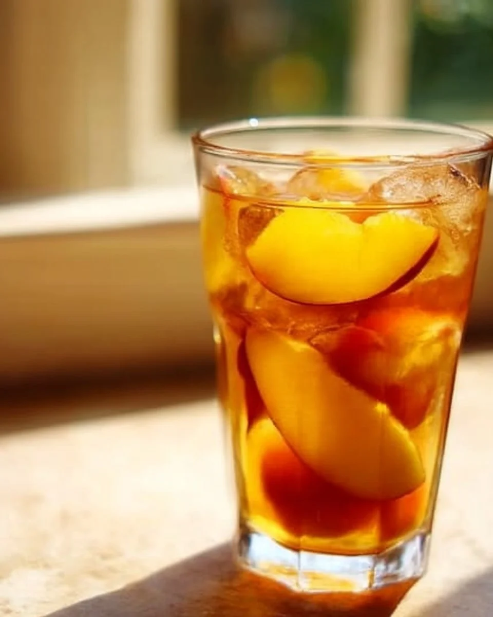 Refreshing homemade peach iced tea with fresh peaches in a glass