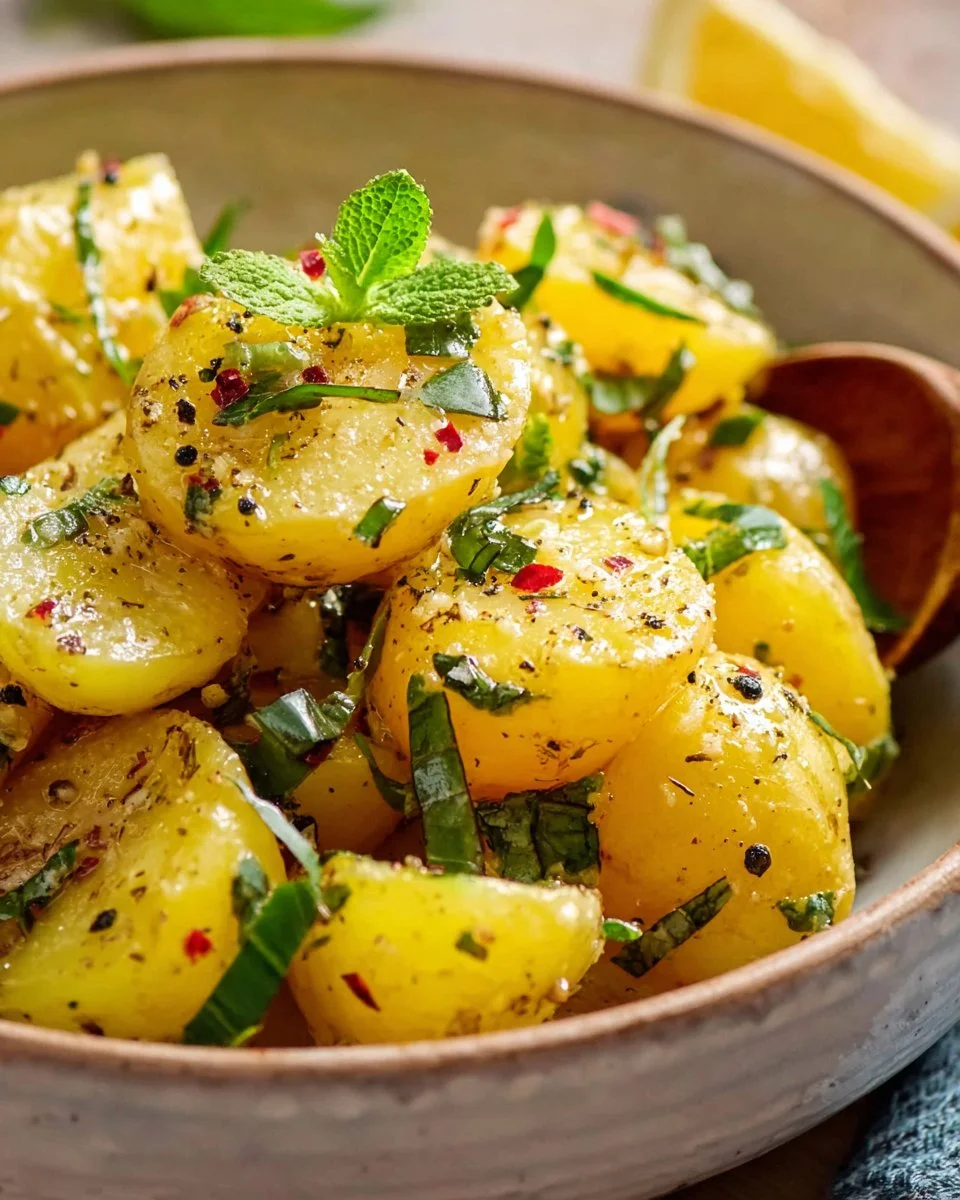 Delicious homemade Greek Lemon Potato Salad garnished with fresh herbs.