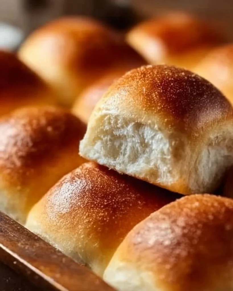 Fluffy homemade potato rolls served on a wooden table