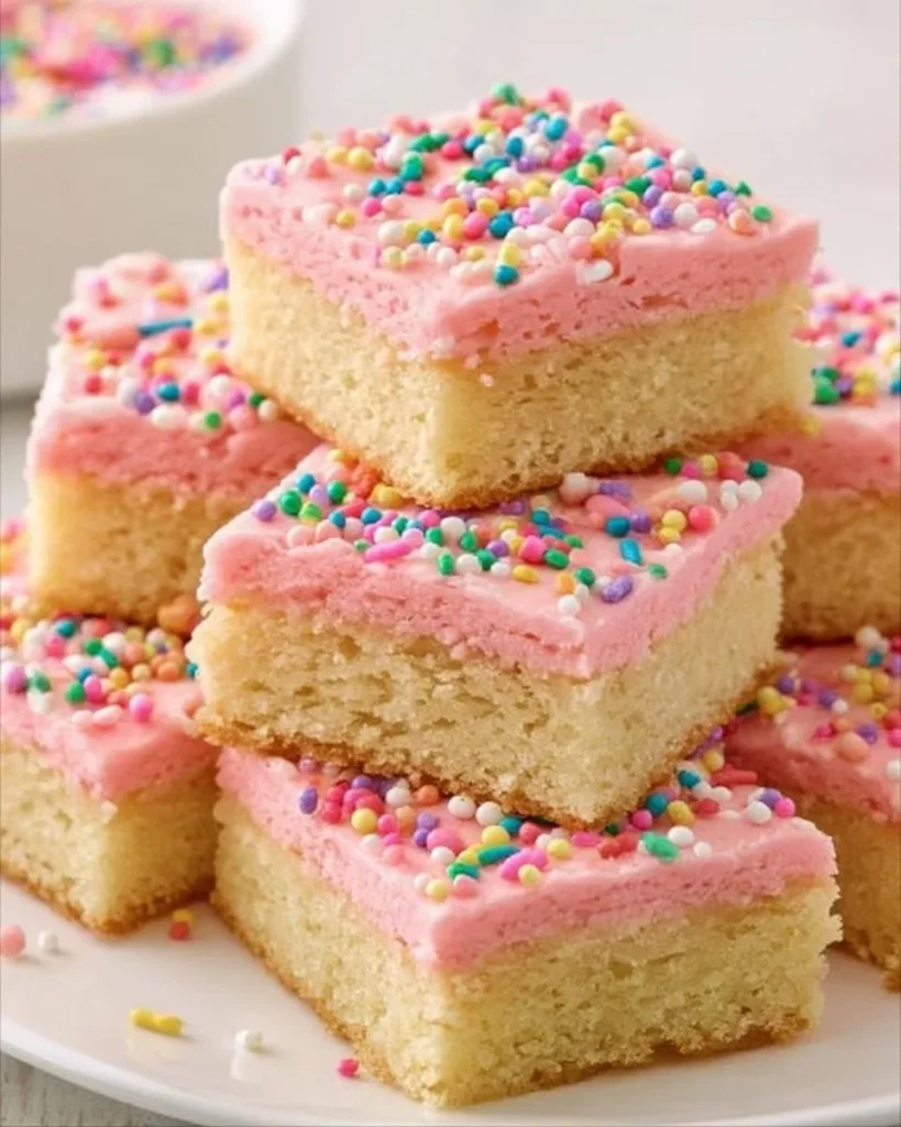 Delicious homemade sugar cookie bars with frosting and sprinkles