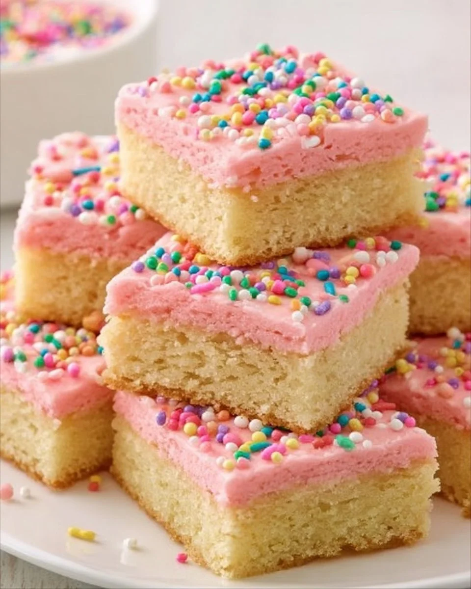 Delicious homemade sugar cookie bars with frosting and sprinkles