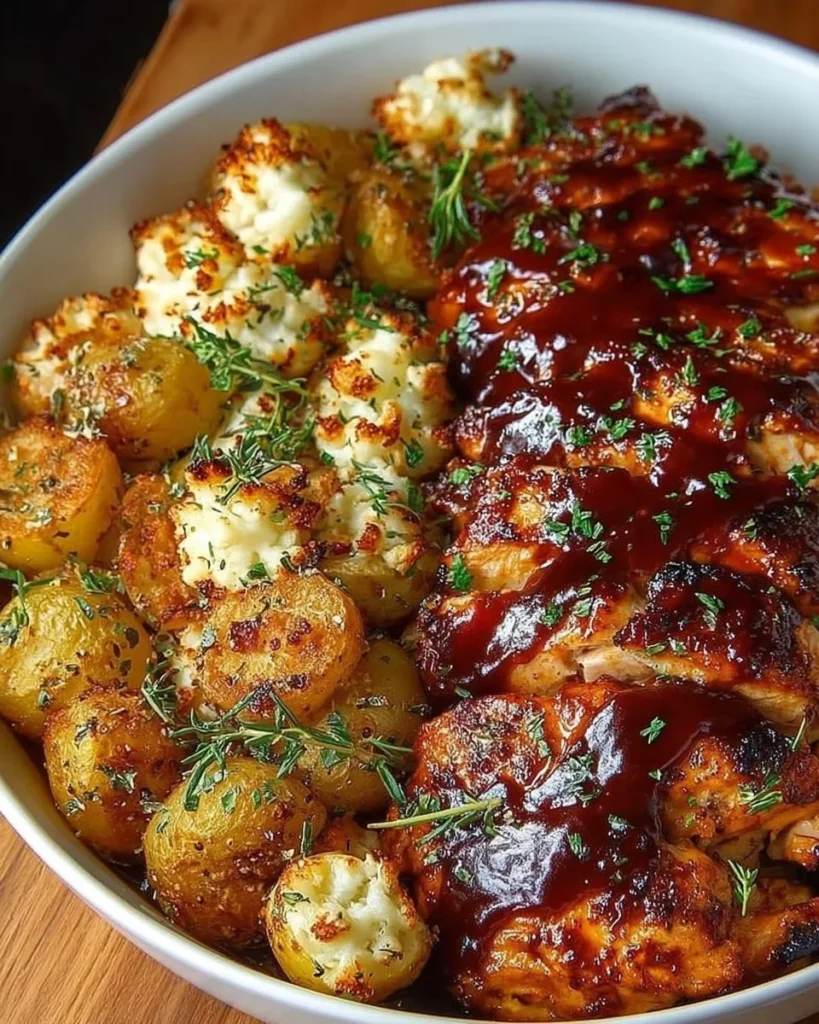 Honey BBQ Chicken Potatoes dish topped with succulent BBQ chicken and herbs