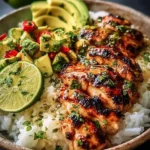 Honey Lime Chicken with avocado slices on a plate garnished with lime wedges