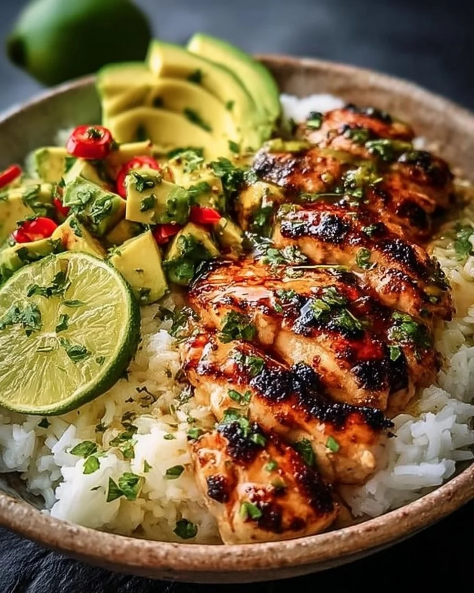 Honey Lime Chicken with avocado slices on a plate garnished with lime wedges