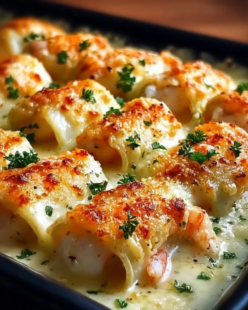 Creamy garlic parmesan shrimp roll-ups served on a plate garnished with herbs