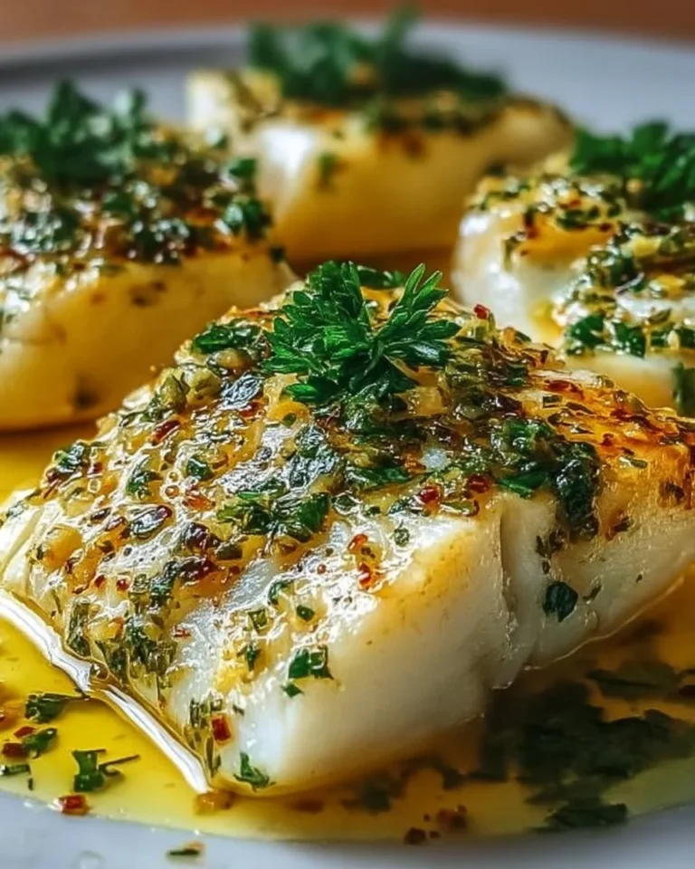 Irresistible lemon garlic butter cod served on a plate with herbs