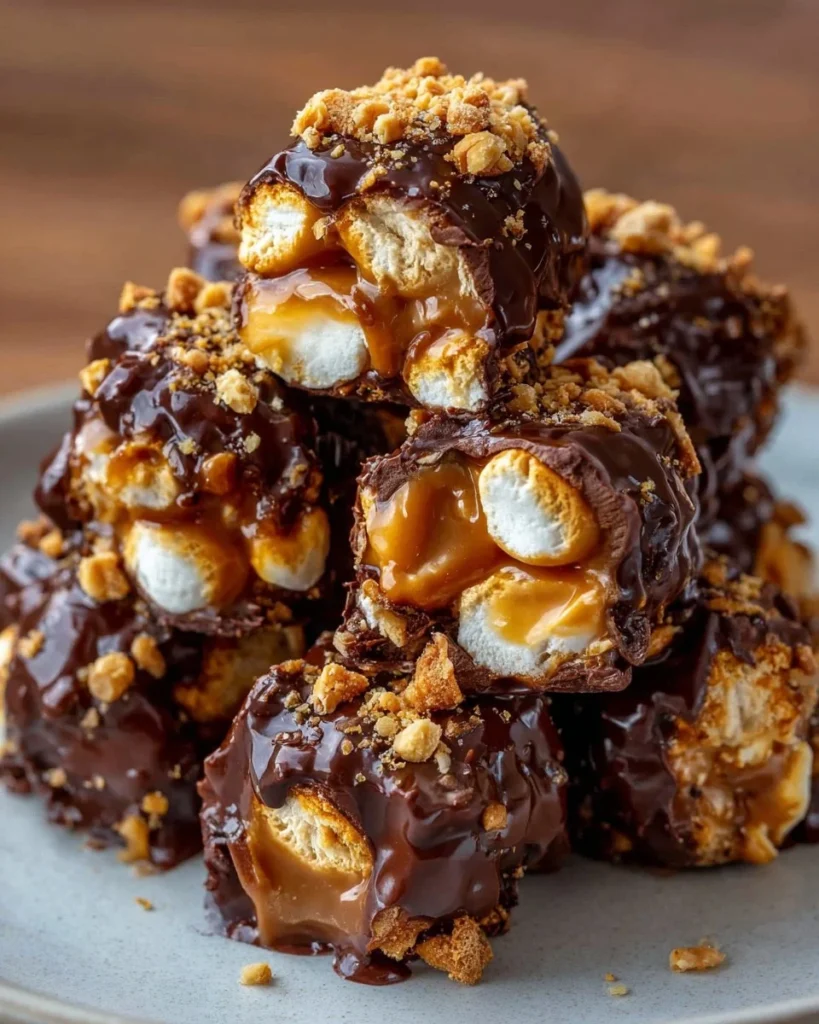 Delicious Snickers Bites with chocolate, caramel, and peanuts