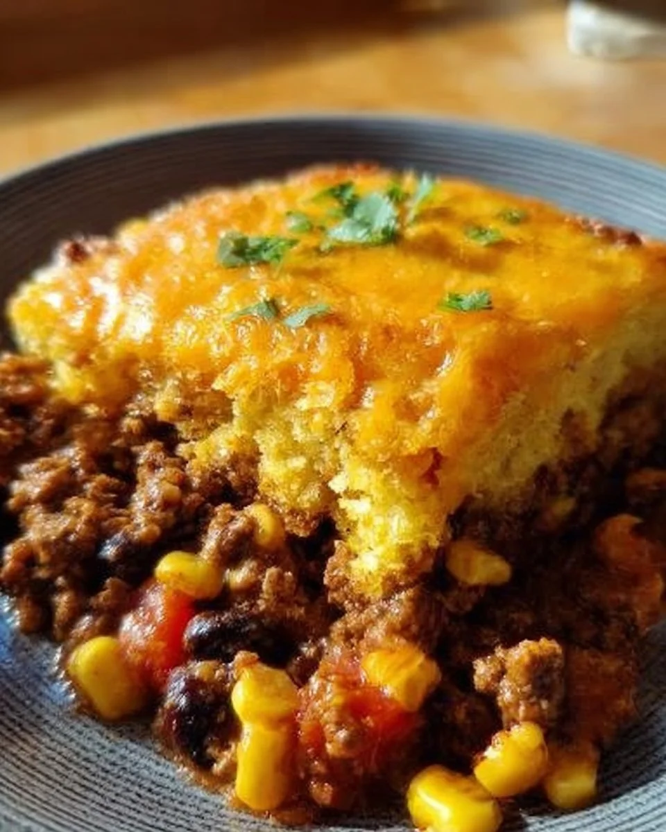 Homemade tamale pie topped with cheese and served in a dish