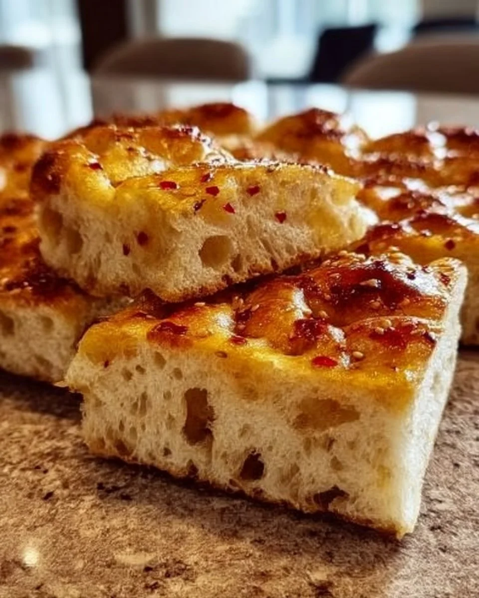 Freshly baked hot honey focaccia drizzled with sweet honey glaze