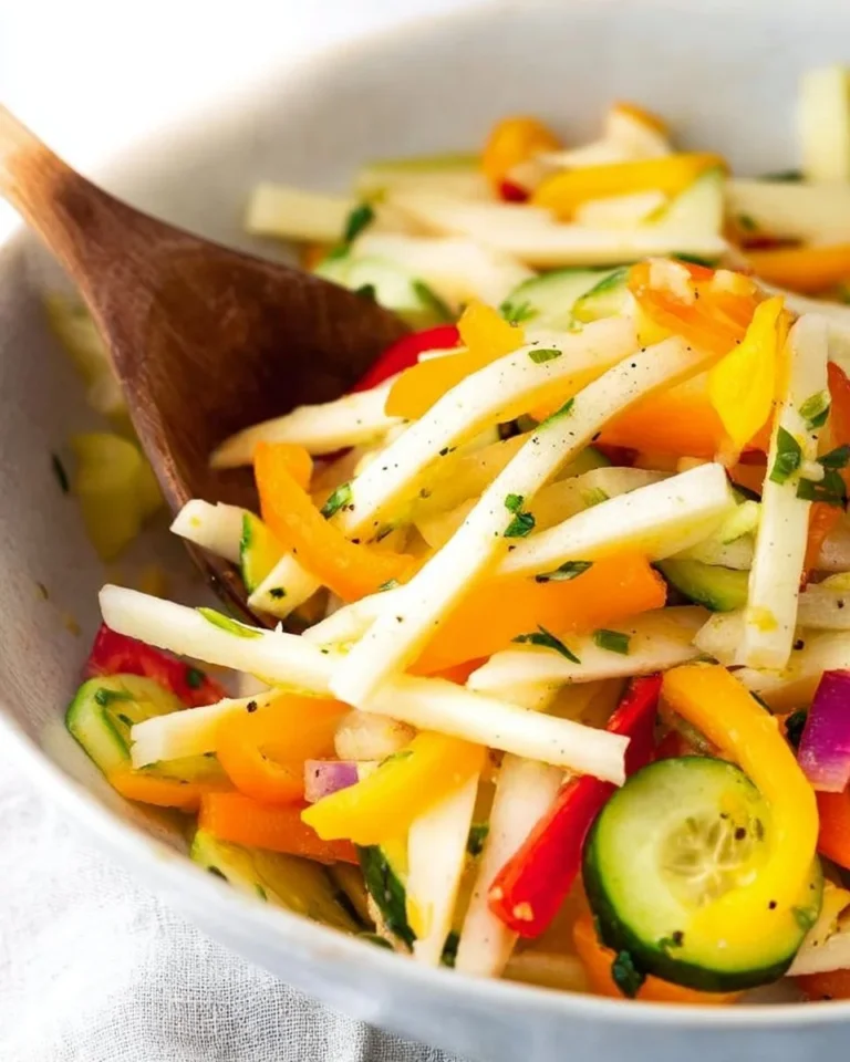 Colorful jicama salad with fresh vegetables and herbs in a bowl